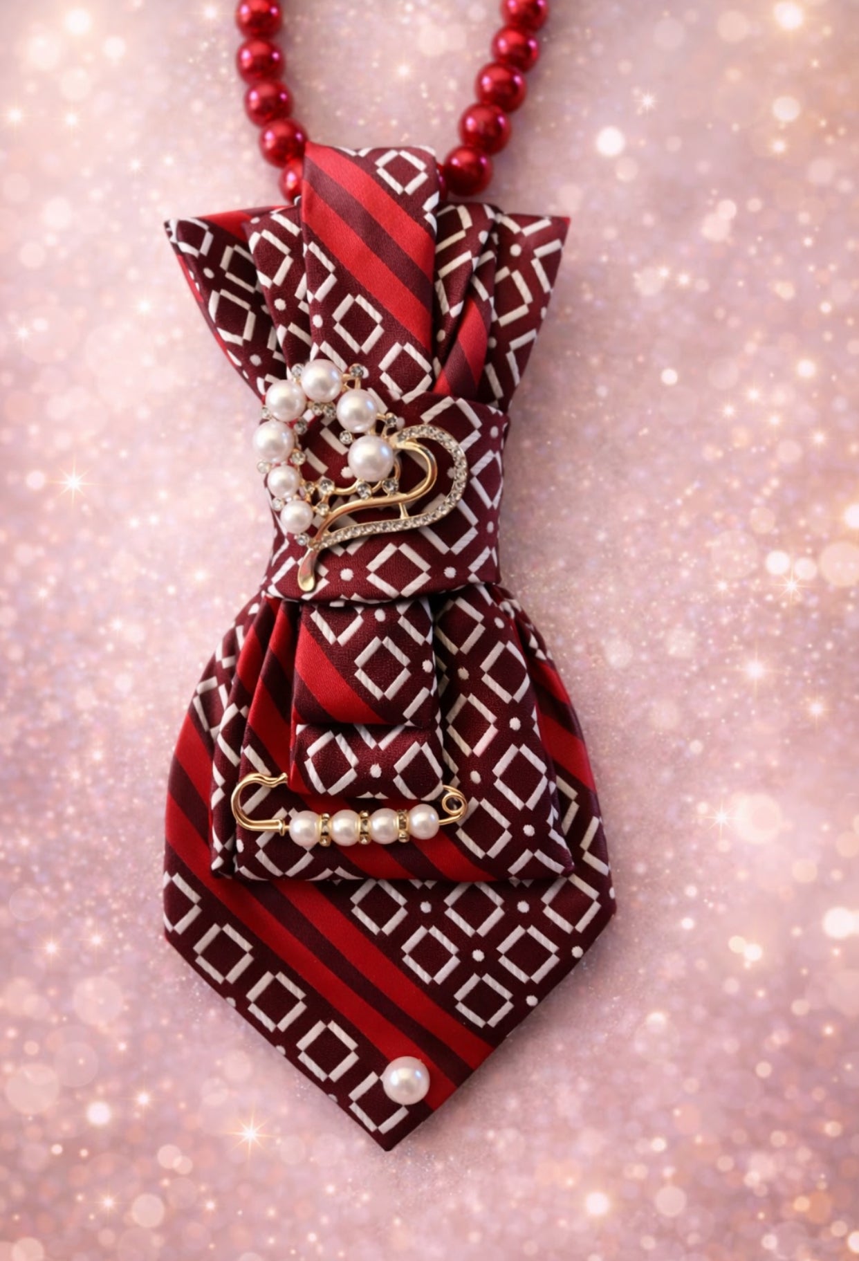 Crimson Elegance Pearl Statement Necktie Necklace